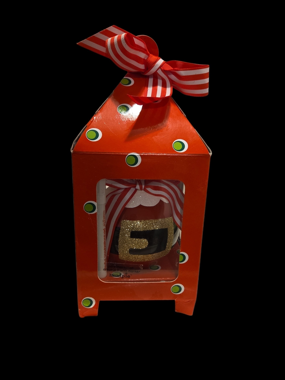 Festive Red Gift Box Ornament with Striped Bow and Gold Buckle